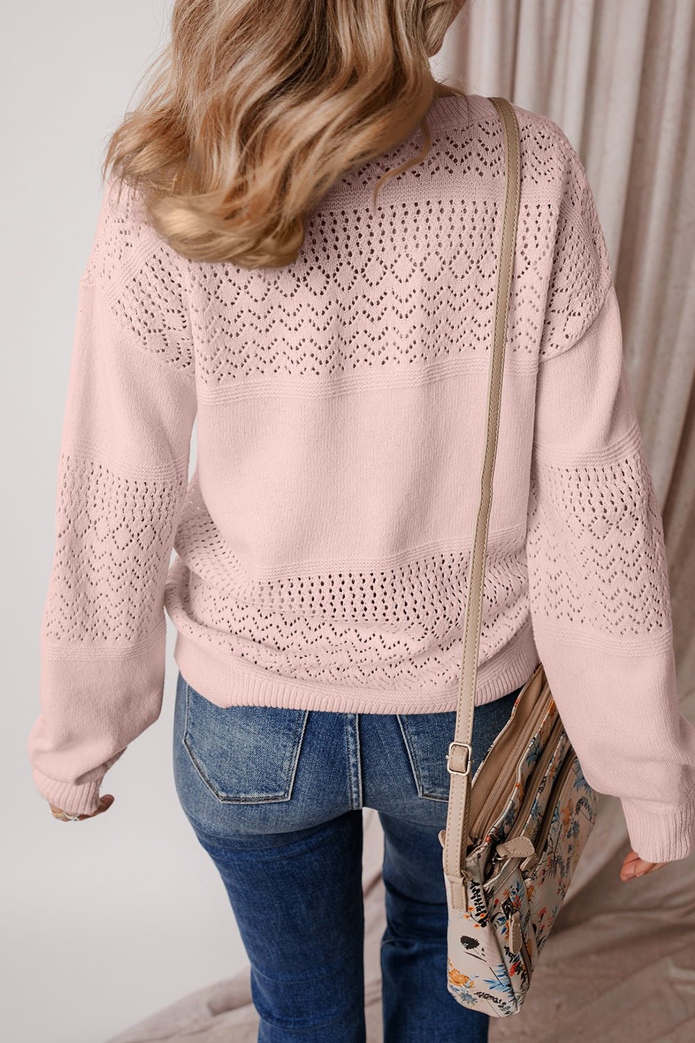 Openwork V - Neck Long Sleeve Sweater