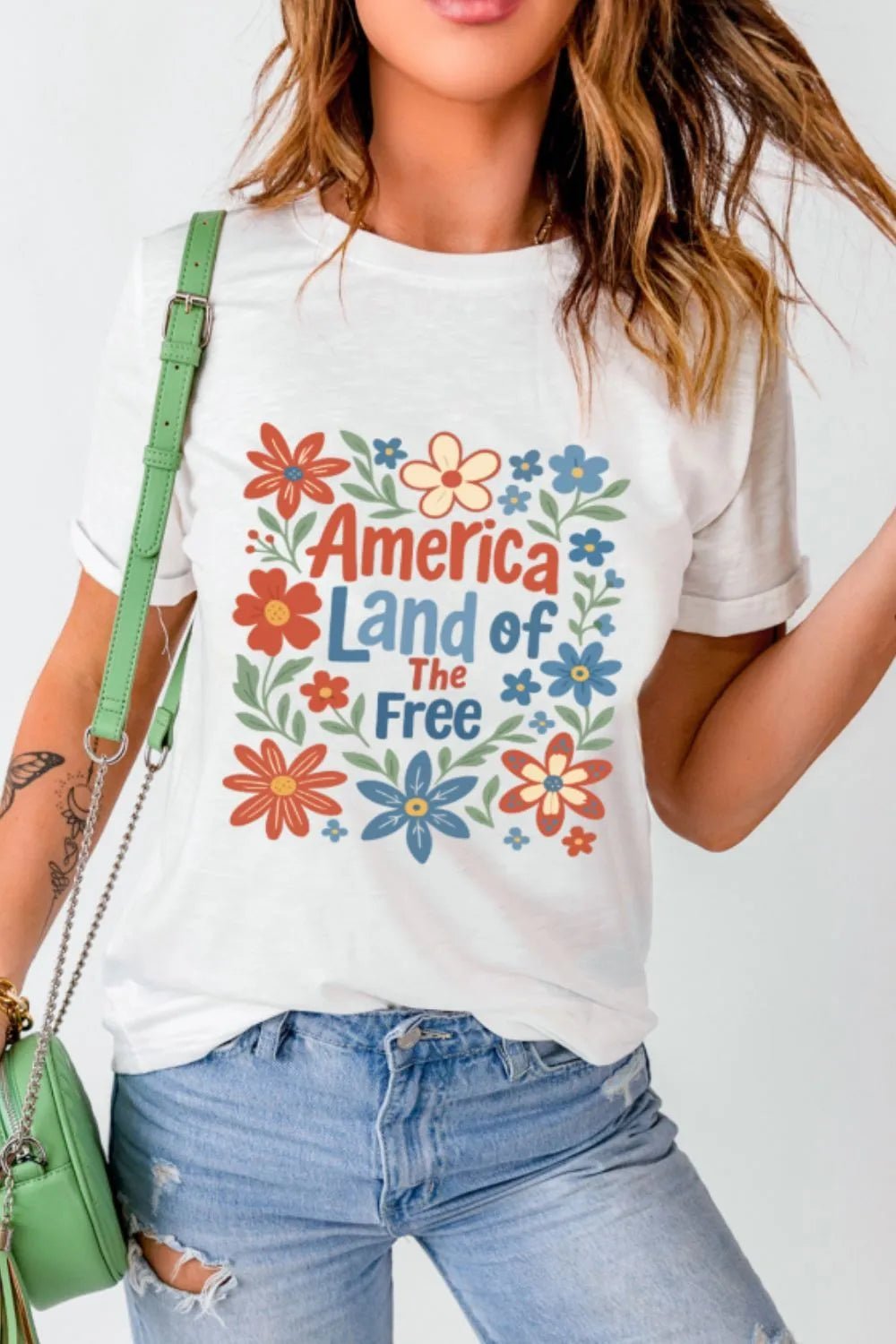 Patriotic Floral America Land of The Free Graphic T-Shirt