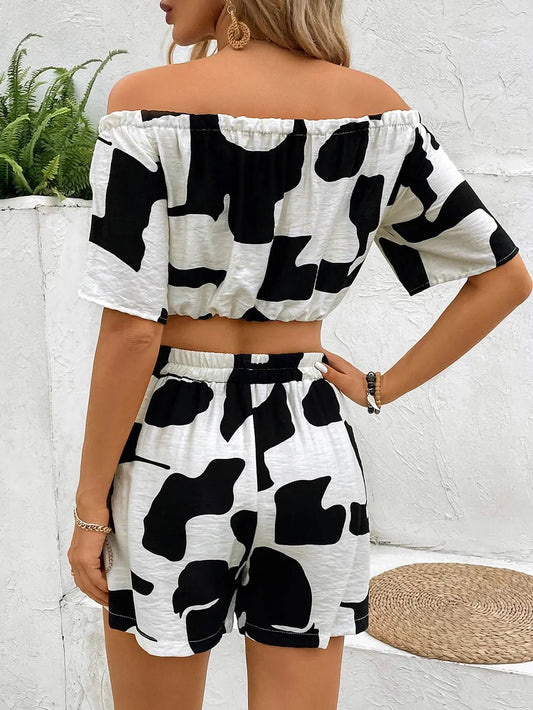 Perfee Drawstring Off - Shoulder Top and Shorts Set