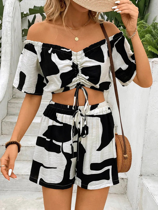 Perfee Drawstring Off - Shoulder Top and Shorts Set