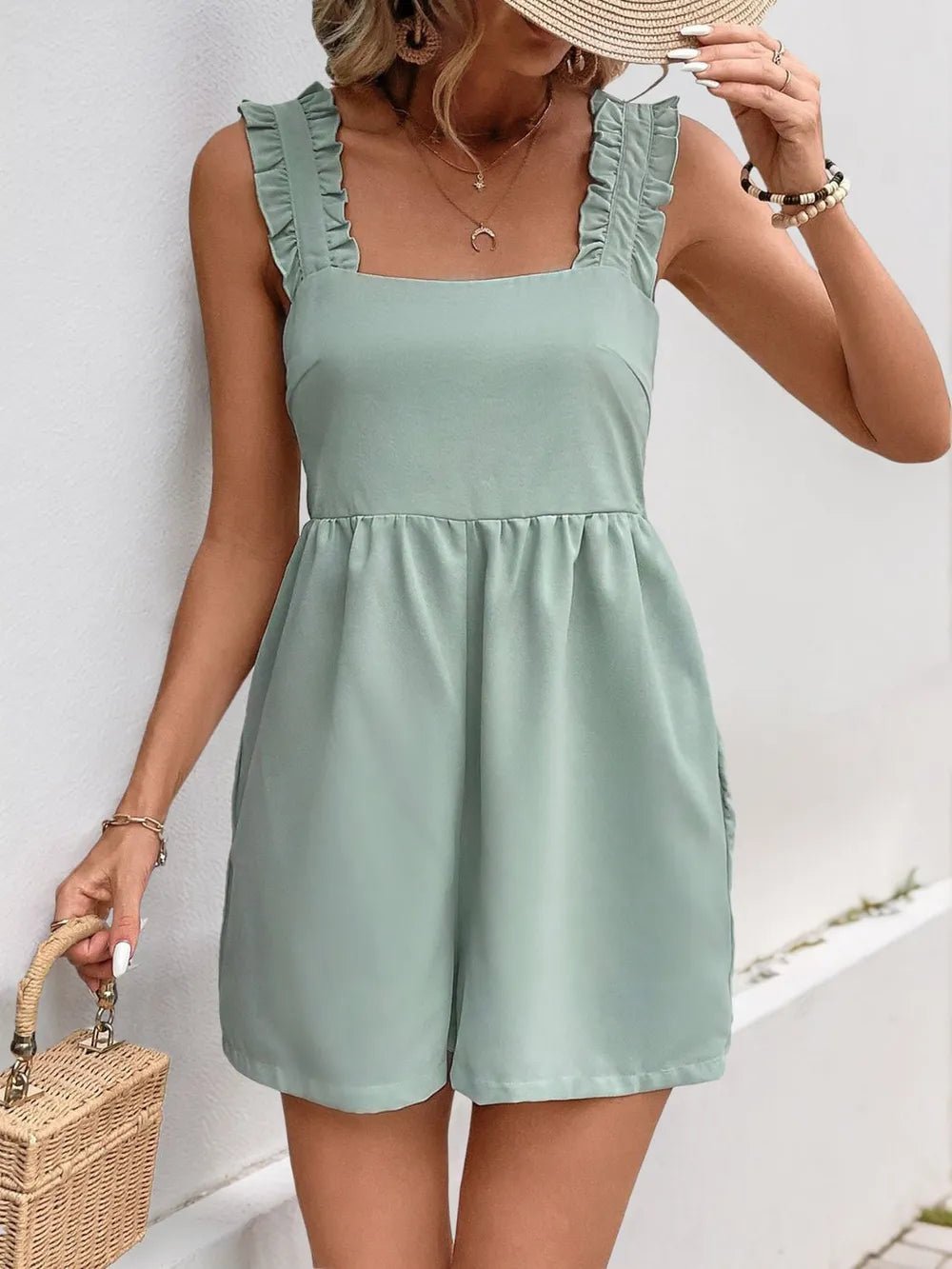 Perfee Frill Wide Strap Romper with Pockets