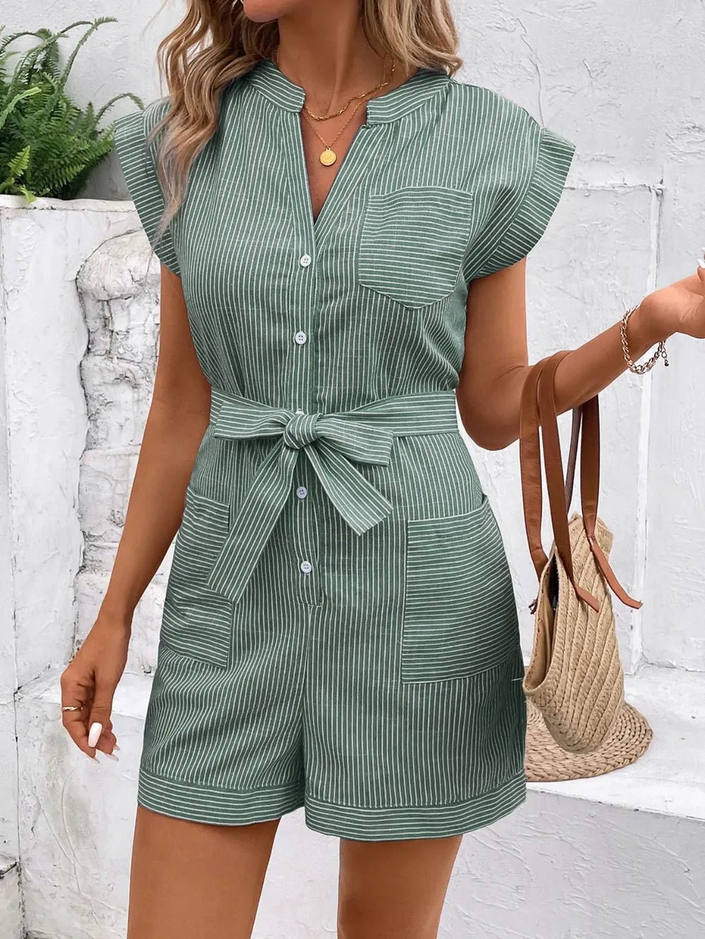 Perfee Striped Notched Tie Waist Romper