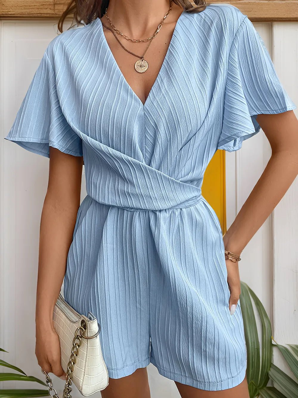 Perfee Tied V - Neck Short Sleeve Romper