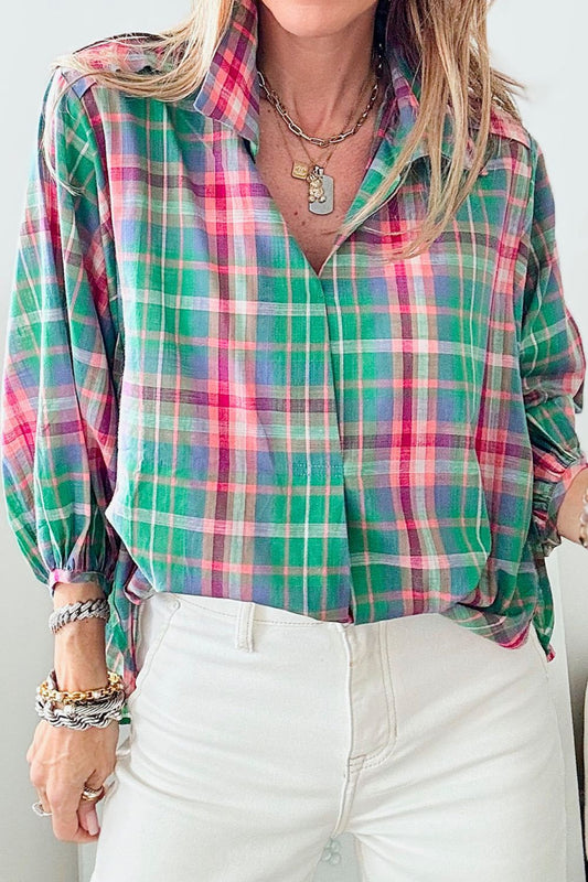 Plaid Collared Neck Three - Quarter Sleeve Shirt