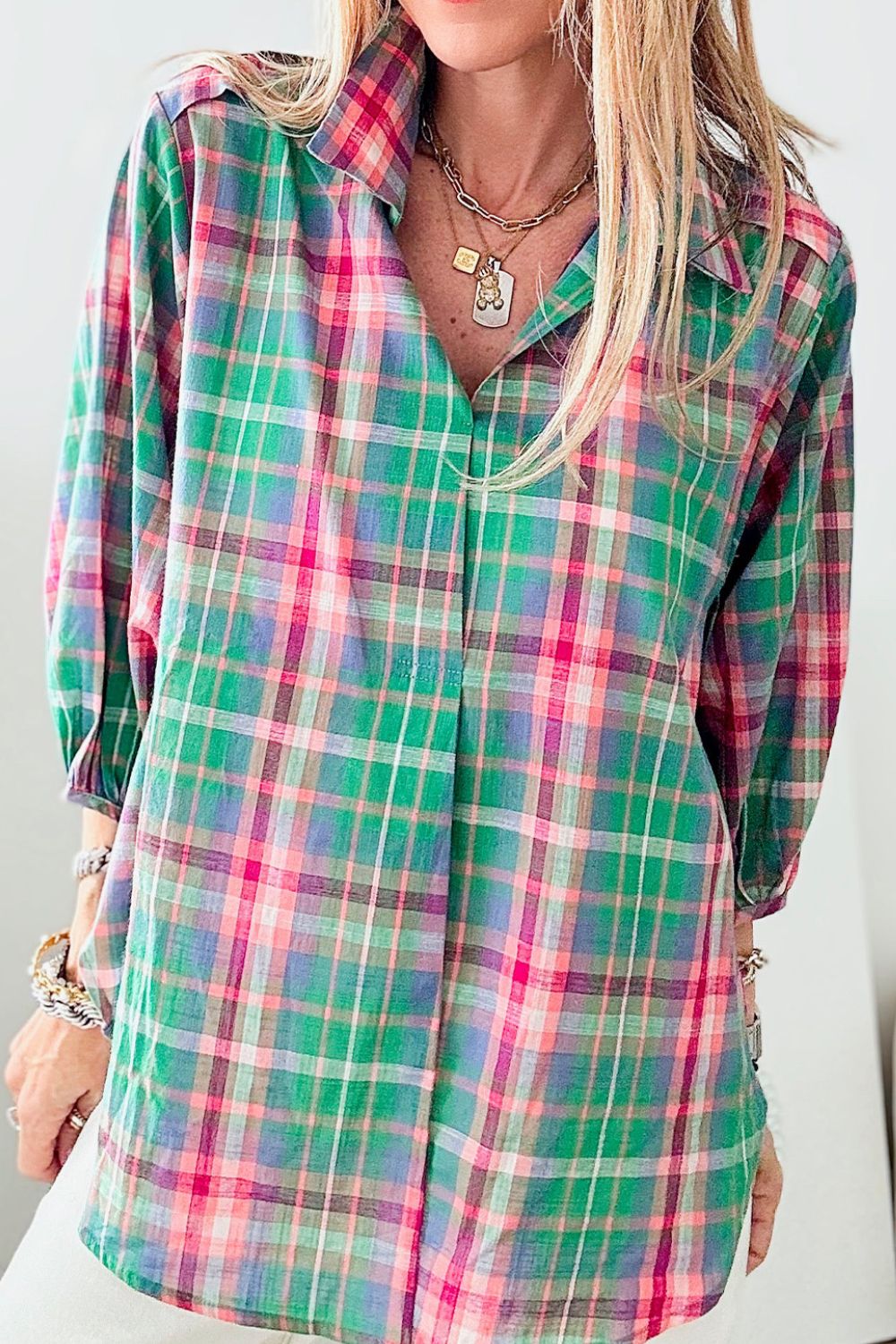 Plaid Collared Neck Three - Quarter Sleeve Shirt