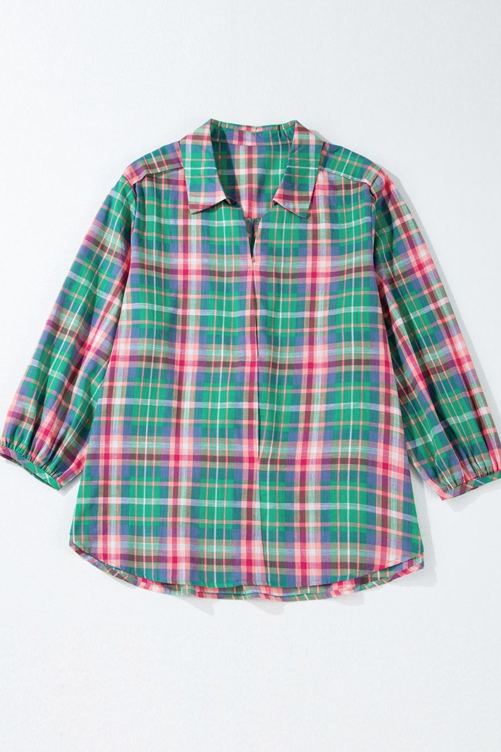 Plaid Collared Neck Three - Quarter Sleeve Shirt