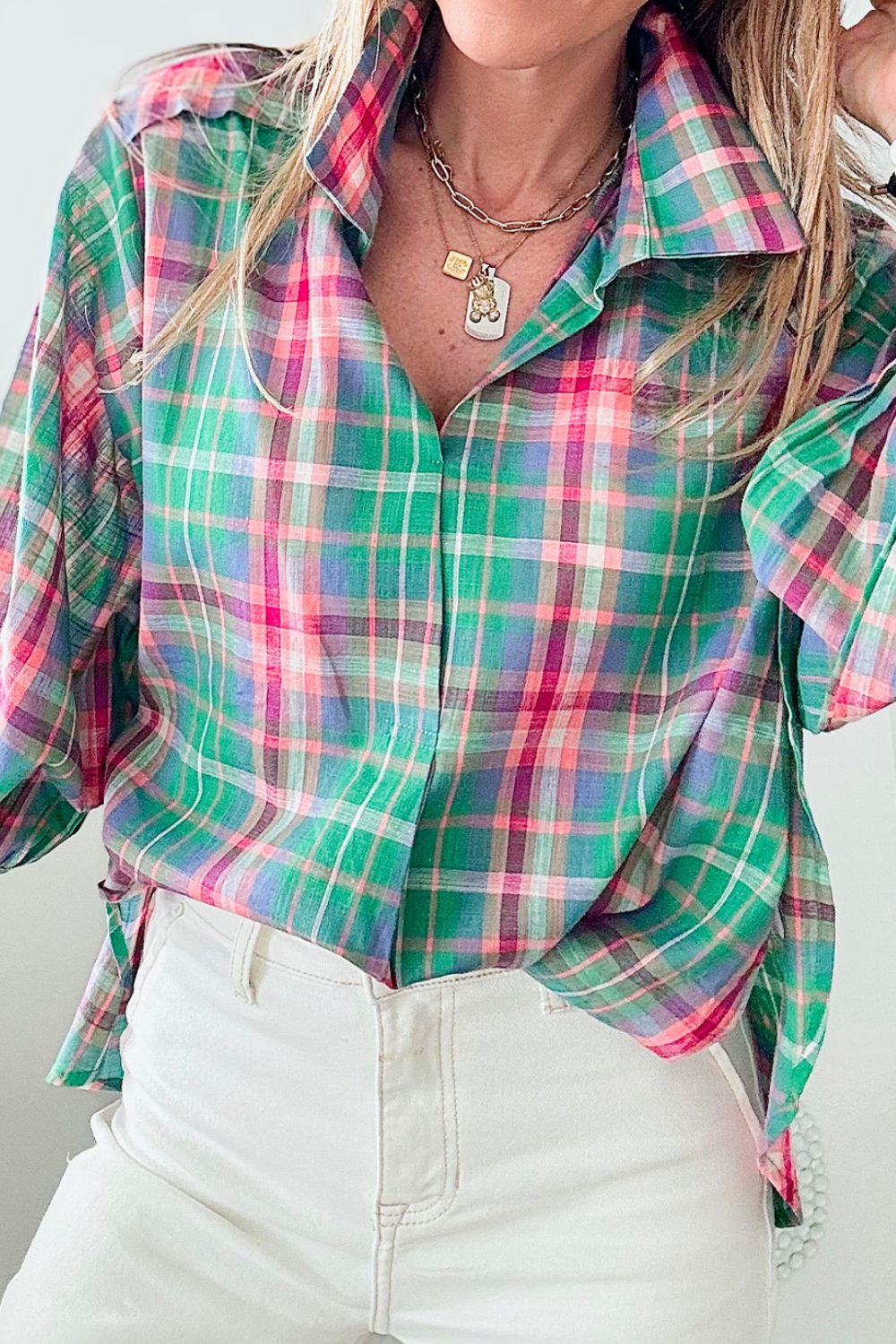 Plaid Collared Neck Three - Quarter Sleeve Shirt