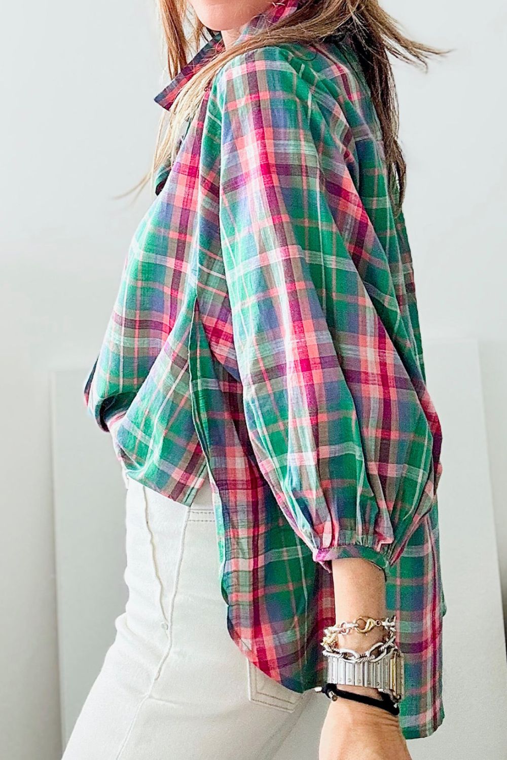 Plaid Collared Neck Three - Quarter Sleeve Shirt