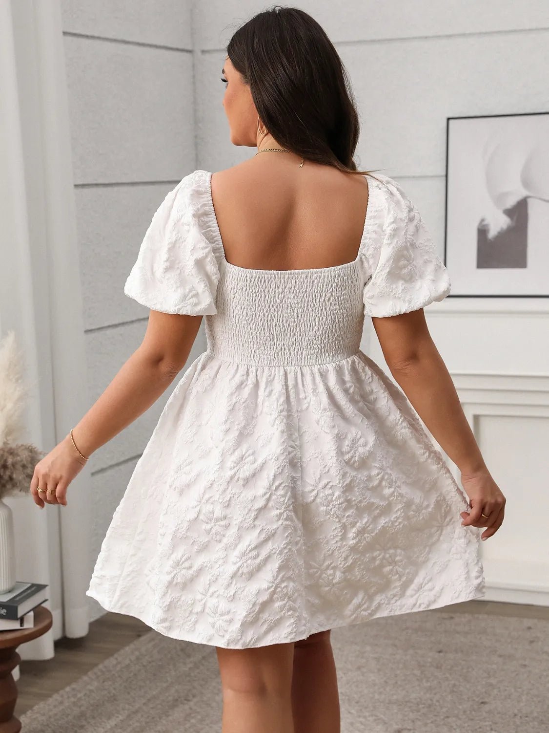 Plus Size Smocked Sweetheart Neck Puff Sleeve Mini Dress