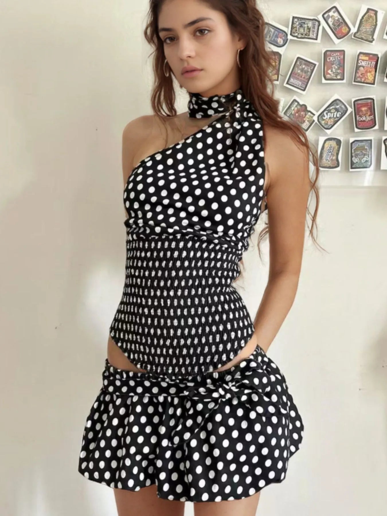 Polka Dot One - Shoulder Top and Mini Skirt Set