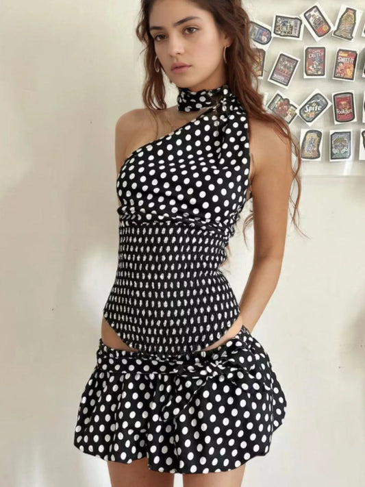 Polka Dot One - Shoulder Top and Mini Skirt Set