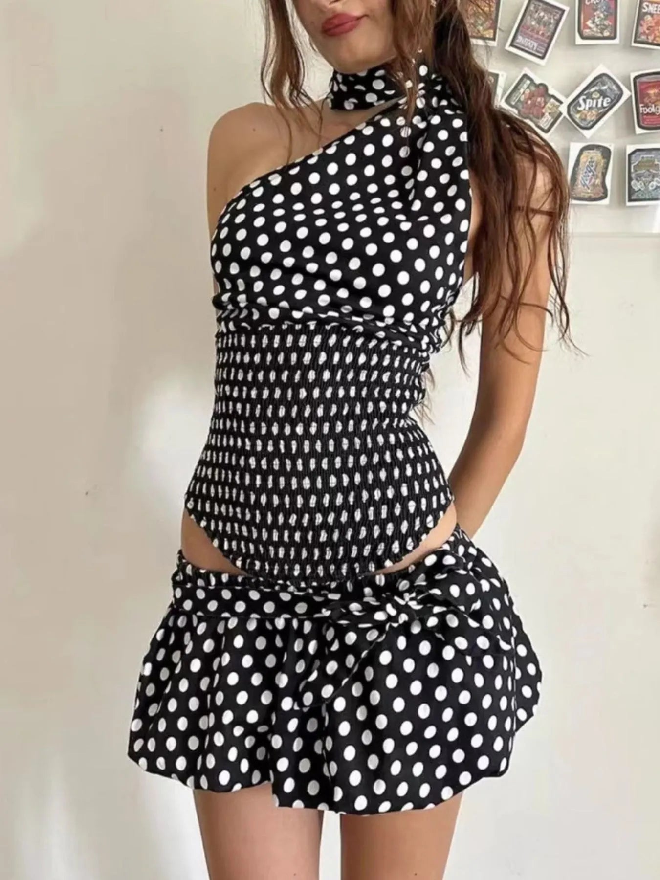 Polka Dot One - Shoulder Top and Mini Skirt Set