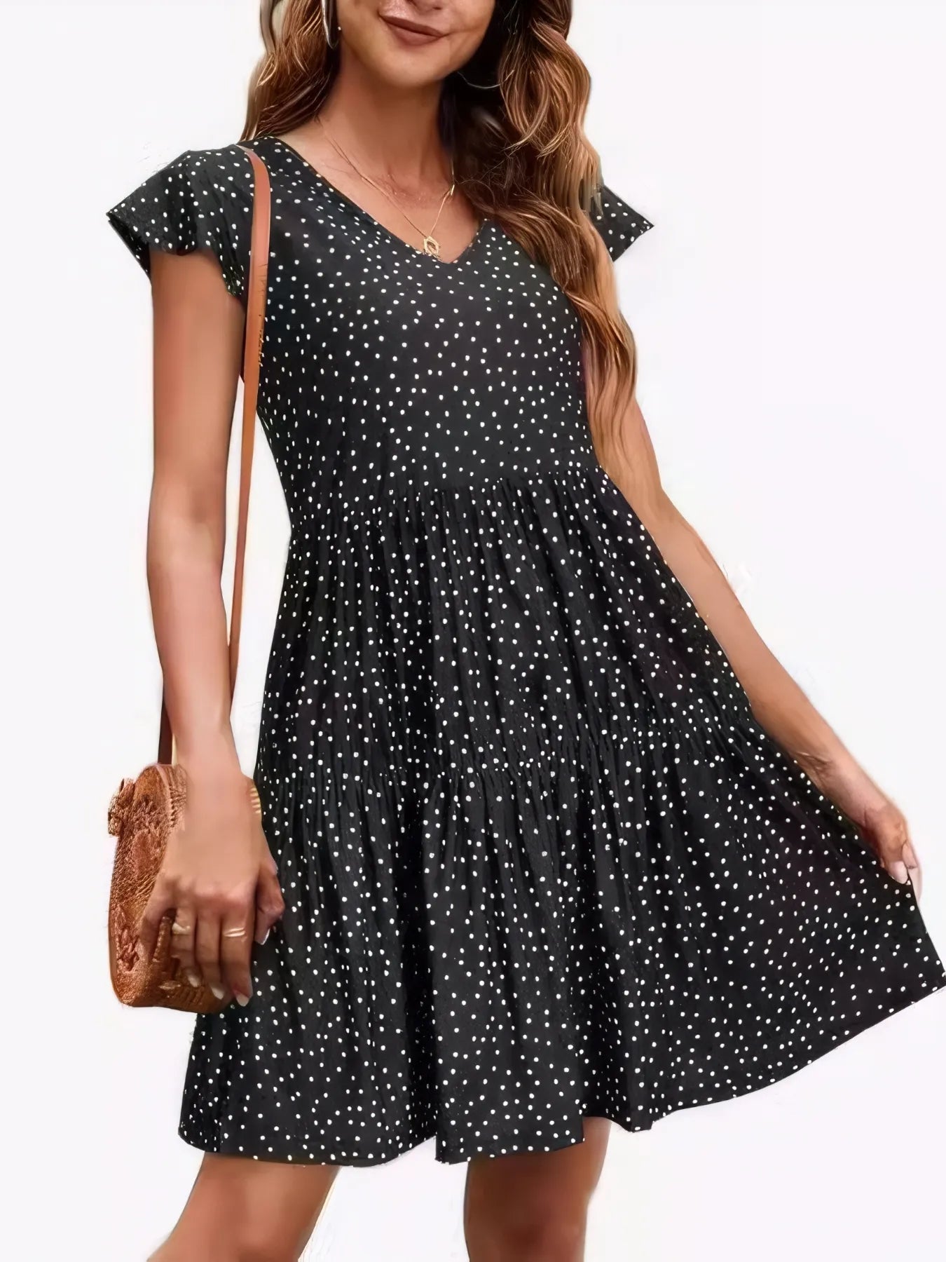 Polka Dot Ruffle Sleeve V - Neck Mini Dress