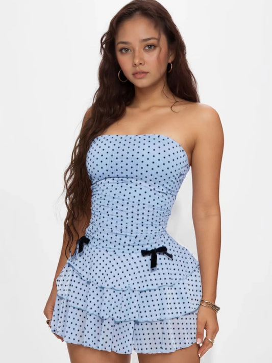 Polka Dot Strapless Mini Dress with Bow Detail