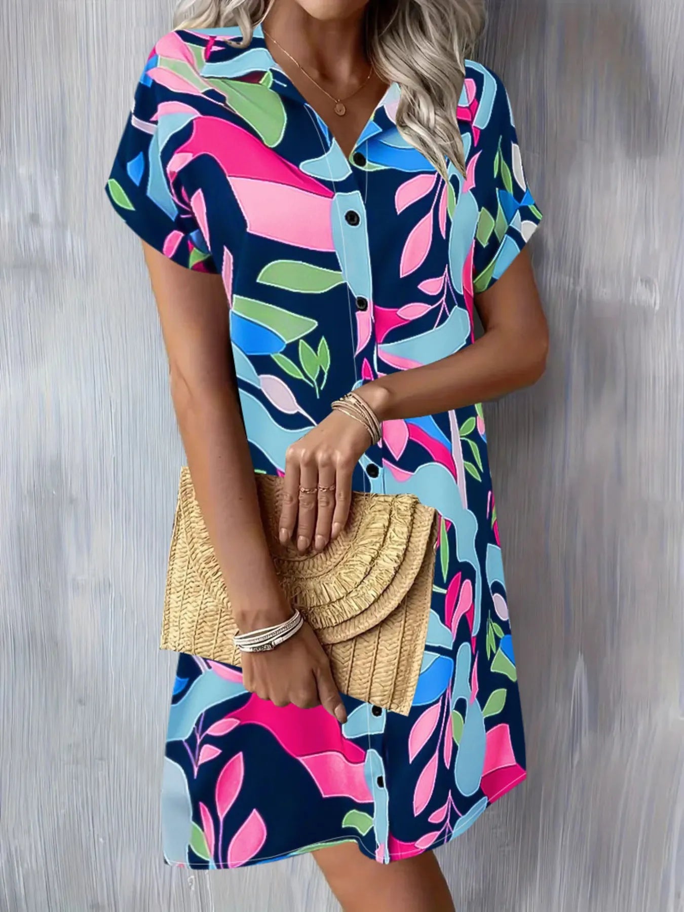 Printed Button - Down Shirt Dress