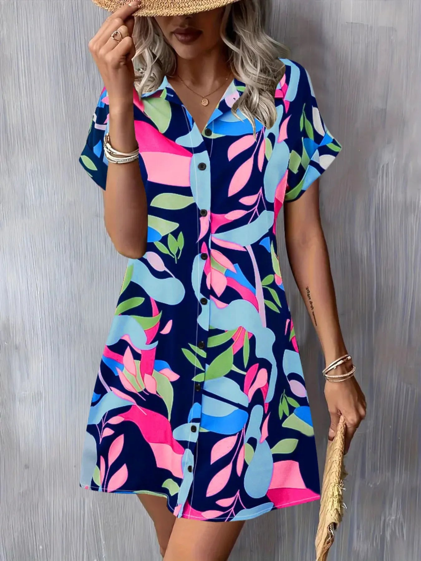 Printed Button - Down Shirt Dress