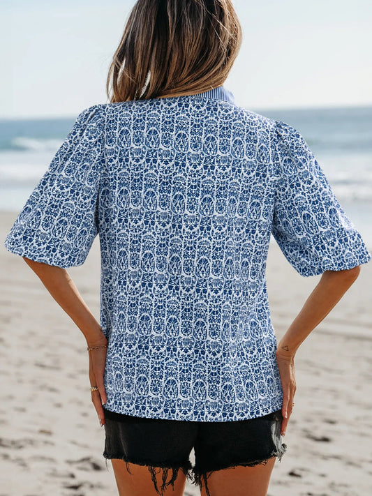 Printed Contrast Ric - Rac Puff Sleeve Top