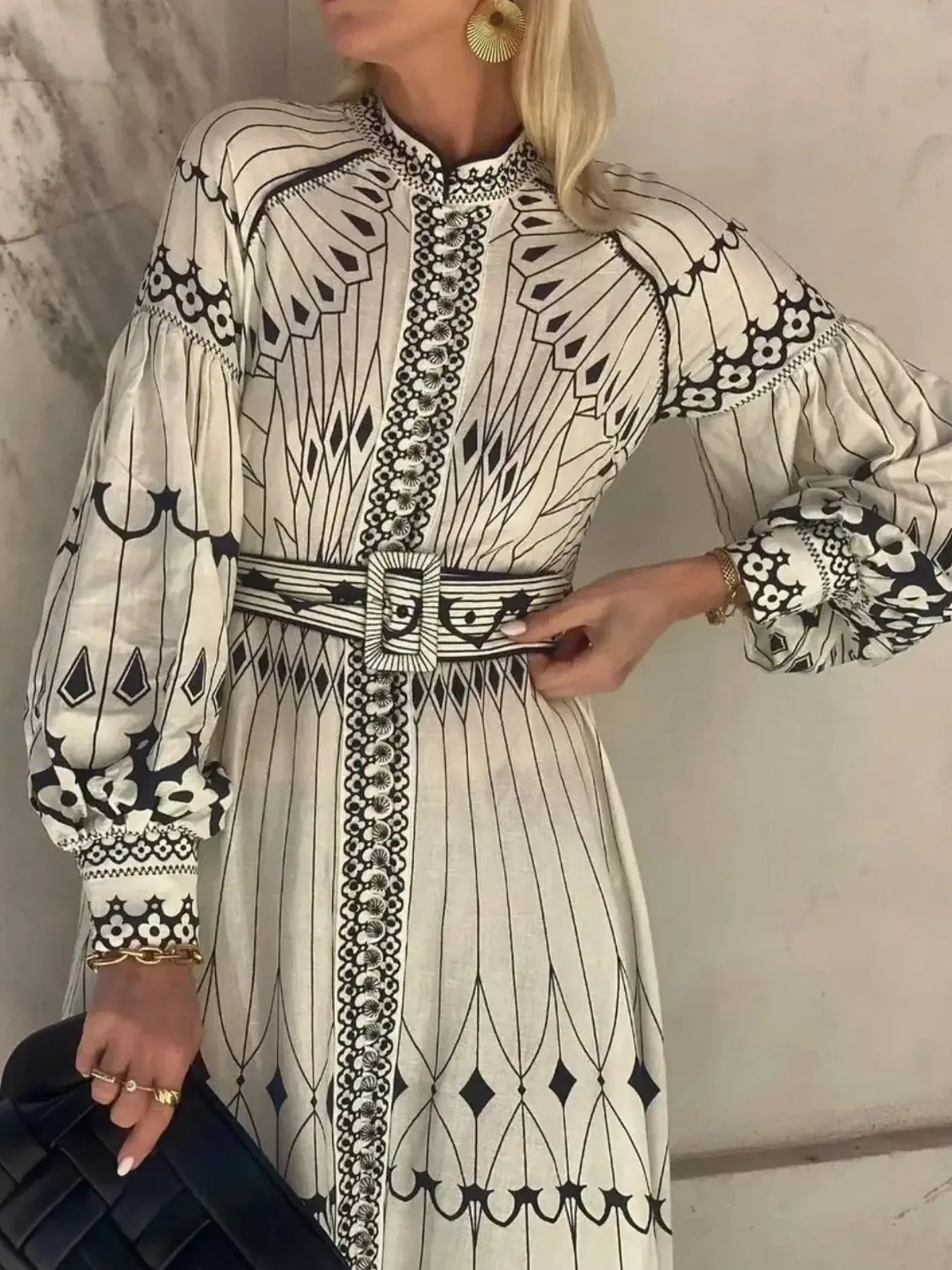 Printed Long Sleeve Shirt Dress with Belt