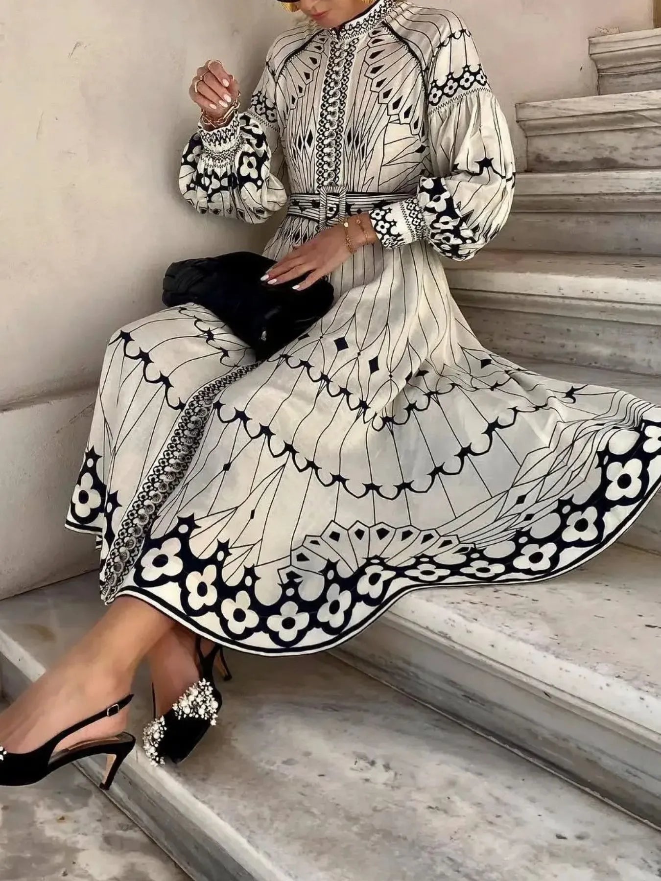 Printed Long Sleeve Shirt Dress with Belt