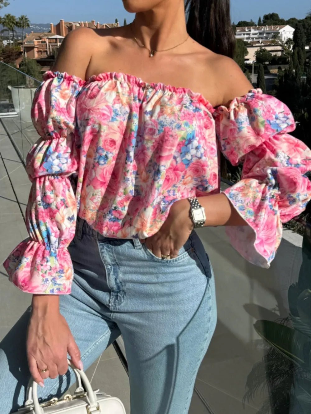Printed Off - Shoulder Flounce Sleeve Blouse
