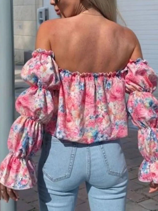 Printed Off - Shoulder Flounce Sleeve Blouse