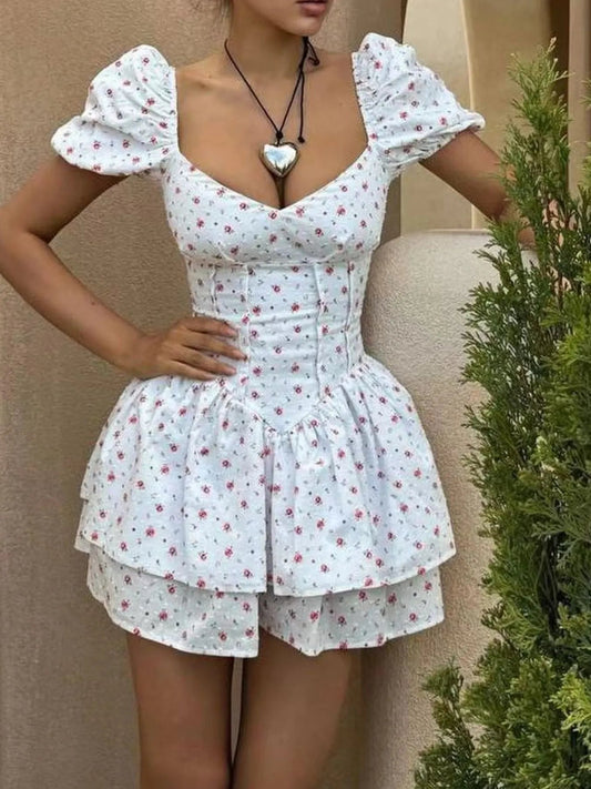 Printed Puff Sleeve Layered Dress