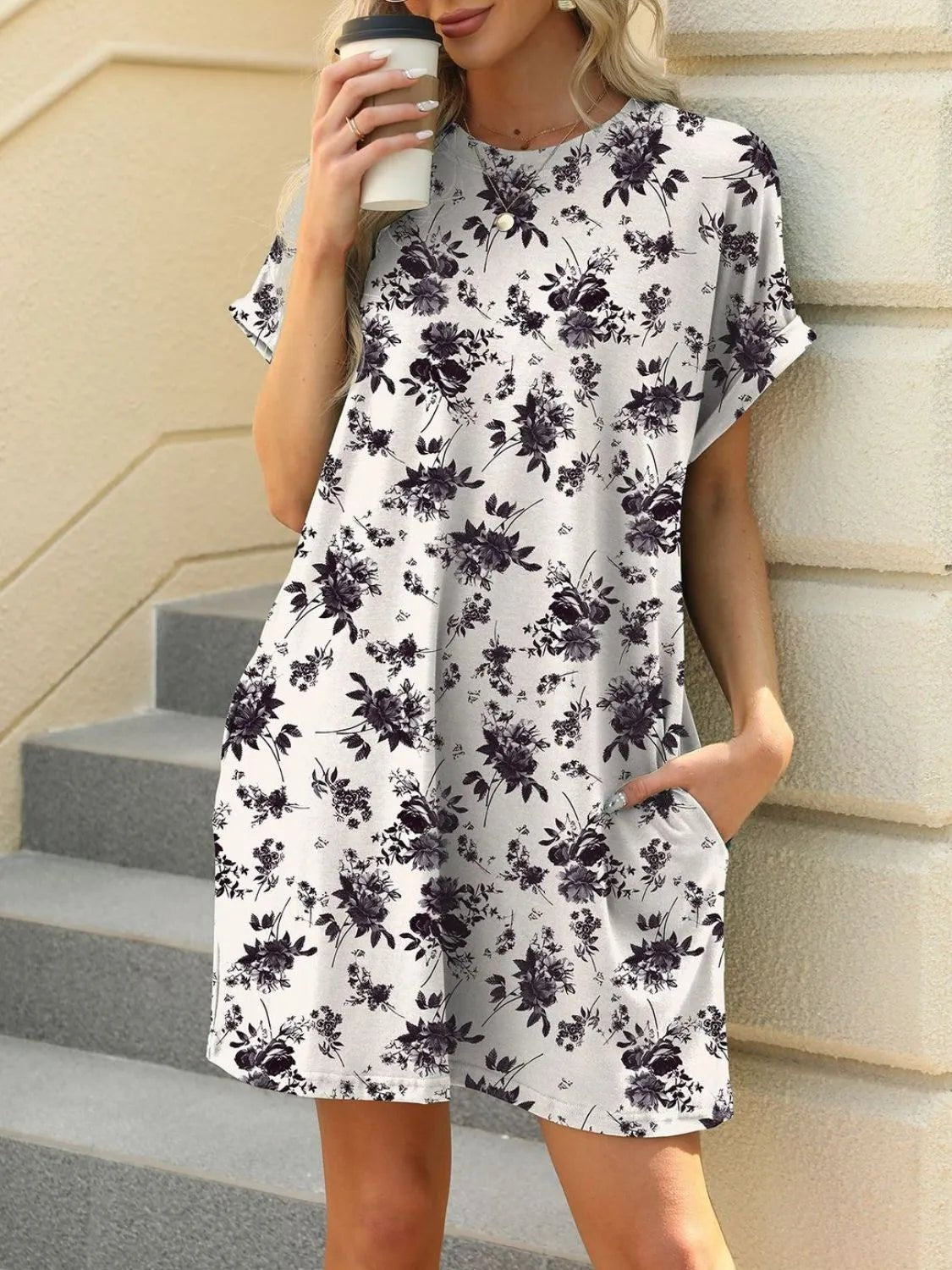 Printed Round Neck Short Sleeve Mini Dress