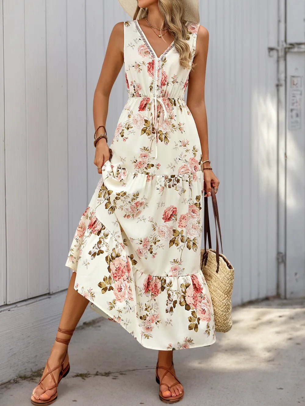 Printed Ruffled Hem V - Neck Sleeveless Dress