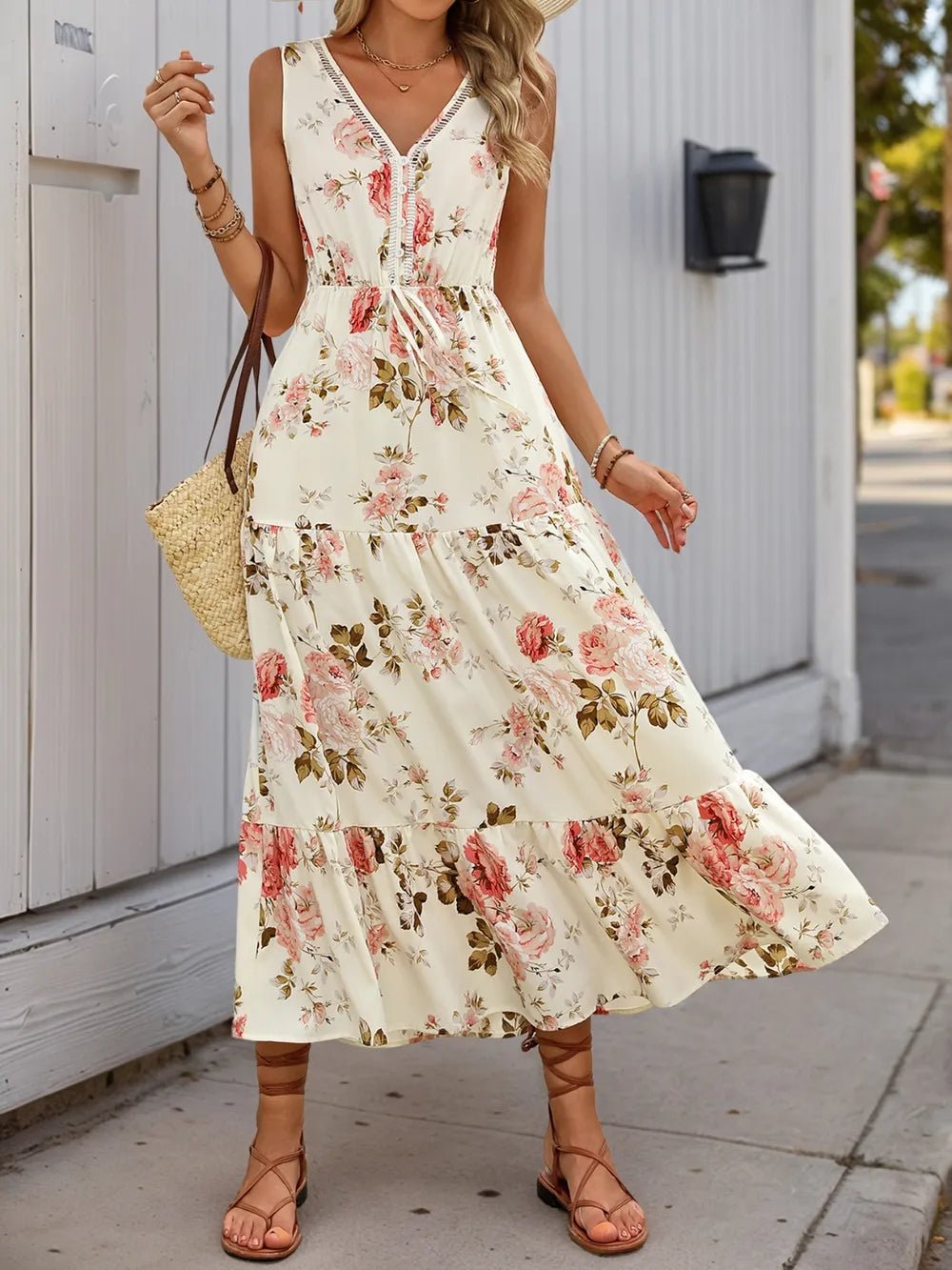 Printed Ruffled Hem V - Neck Sleeveless Dress
