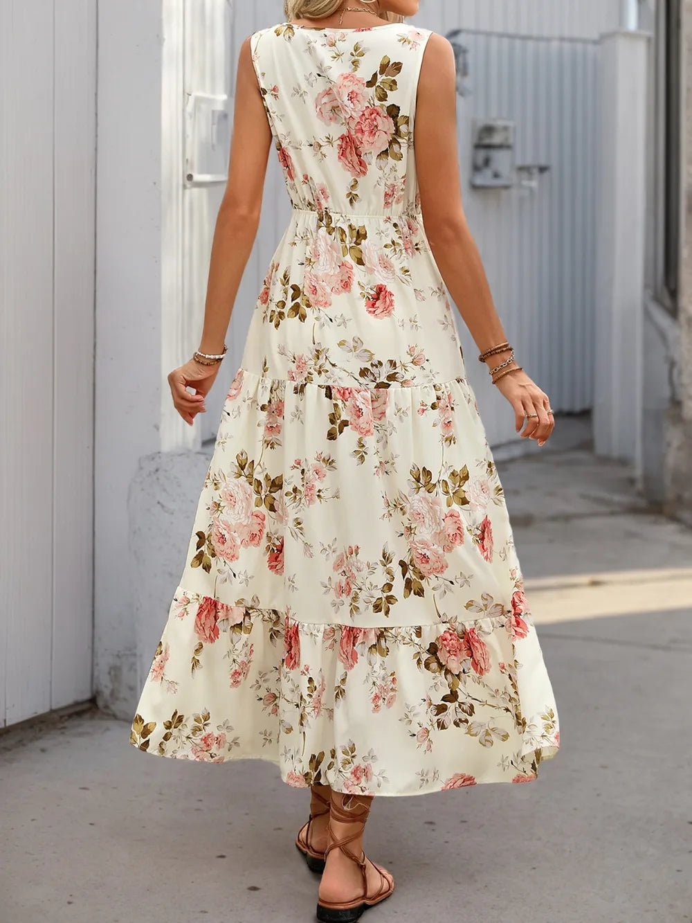 Printed Ruffled Hem V - Neck Sleeveless Dress