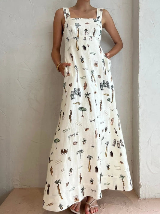Printed Square Neck Maxi Cami Dress with Pocket