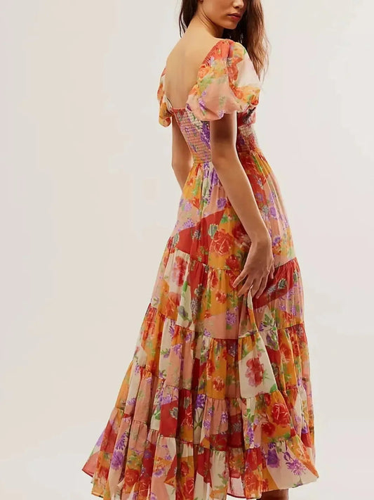 Printed Sweetheart Neck Puff Sleeve Maxi Dress
