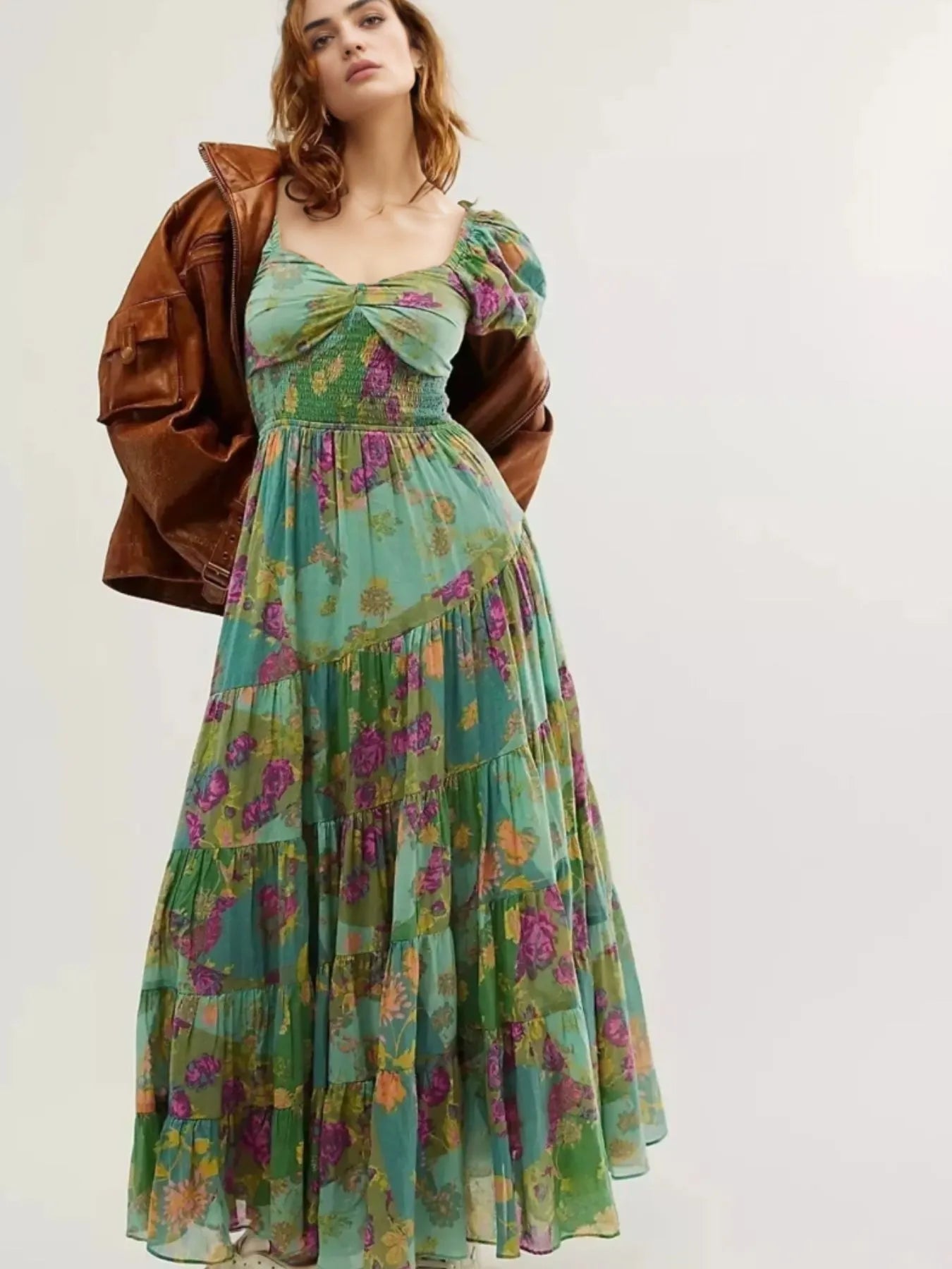 Printed Sweetheart Neck Puff Sleeve Maxi Dress