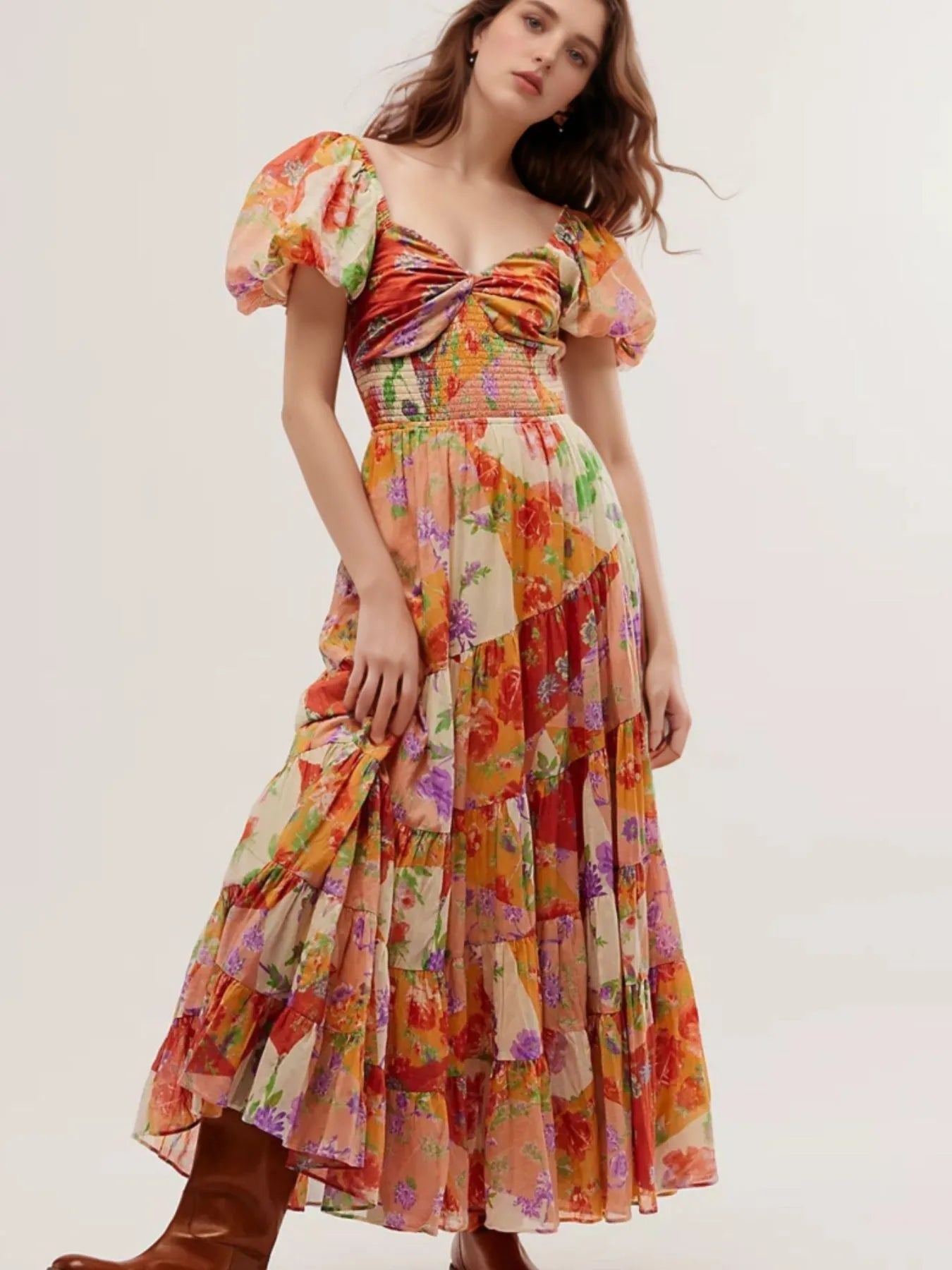 Printed Sweetheart Neck Puff Sleeve Maxi Dress