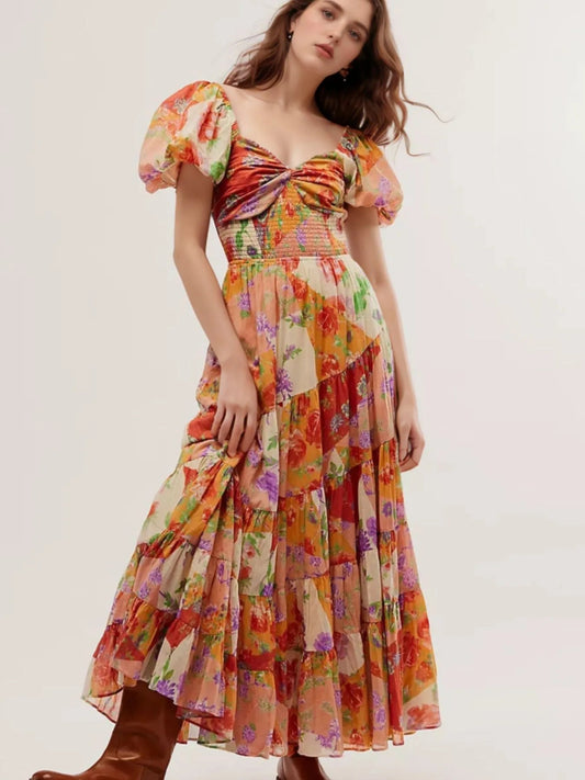 Printed Sweetheart Neck Puff Sleeve Maxi Dress