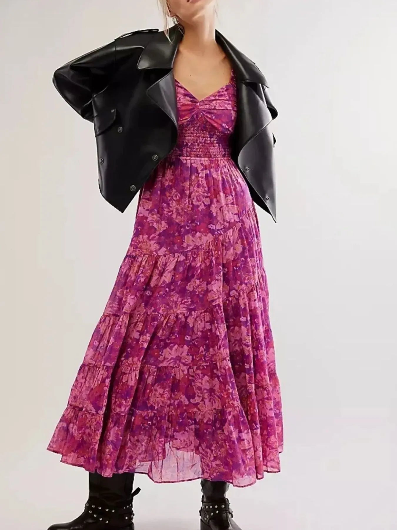 Printed Sweetheart Neck Puff Sleeve Maxi Dress
