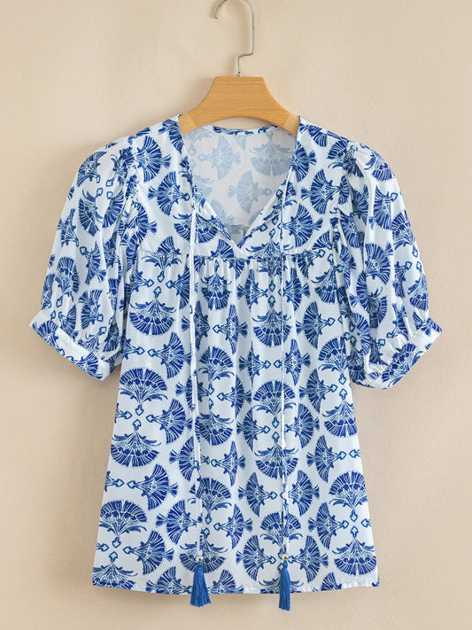 Printed Tassel Tie Neck Blouse