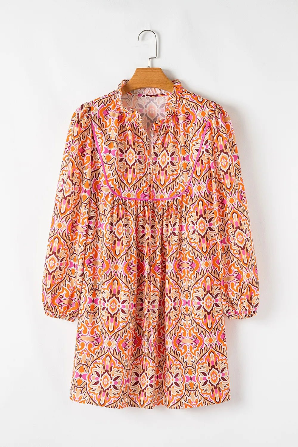 Printed Tie Neck Long Sleeve Mini Dress