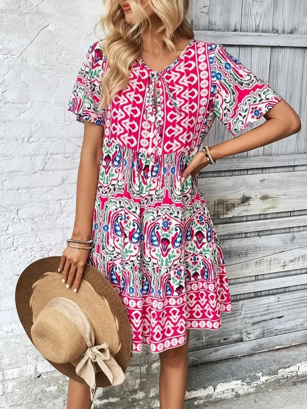 Printed Tie Neck Short Sleeve Dress