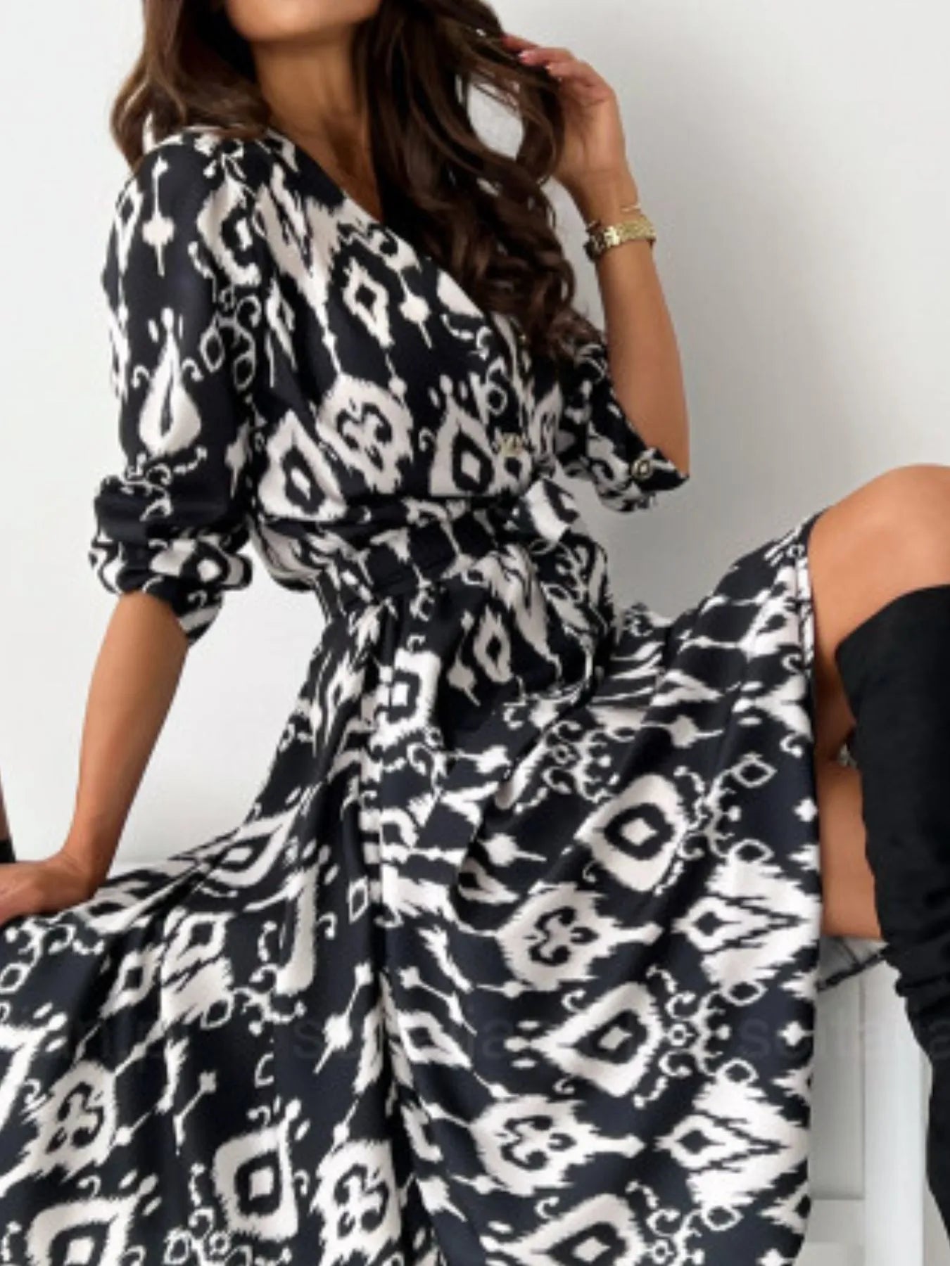 Printed Tie Waist Midi Dress
