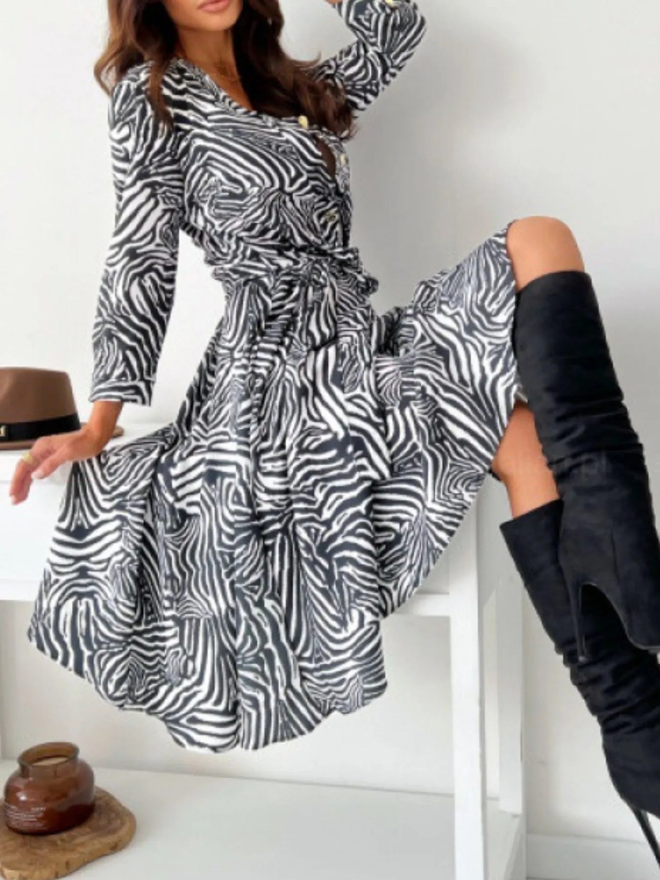 Printed Tie Waist Midi Dress