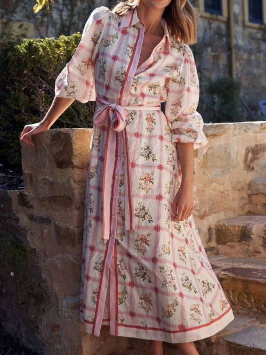 Printed Tie Waist Midi Shirt Dress