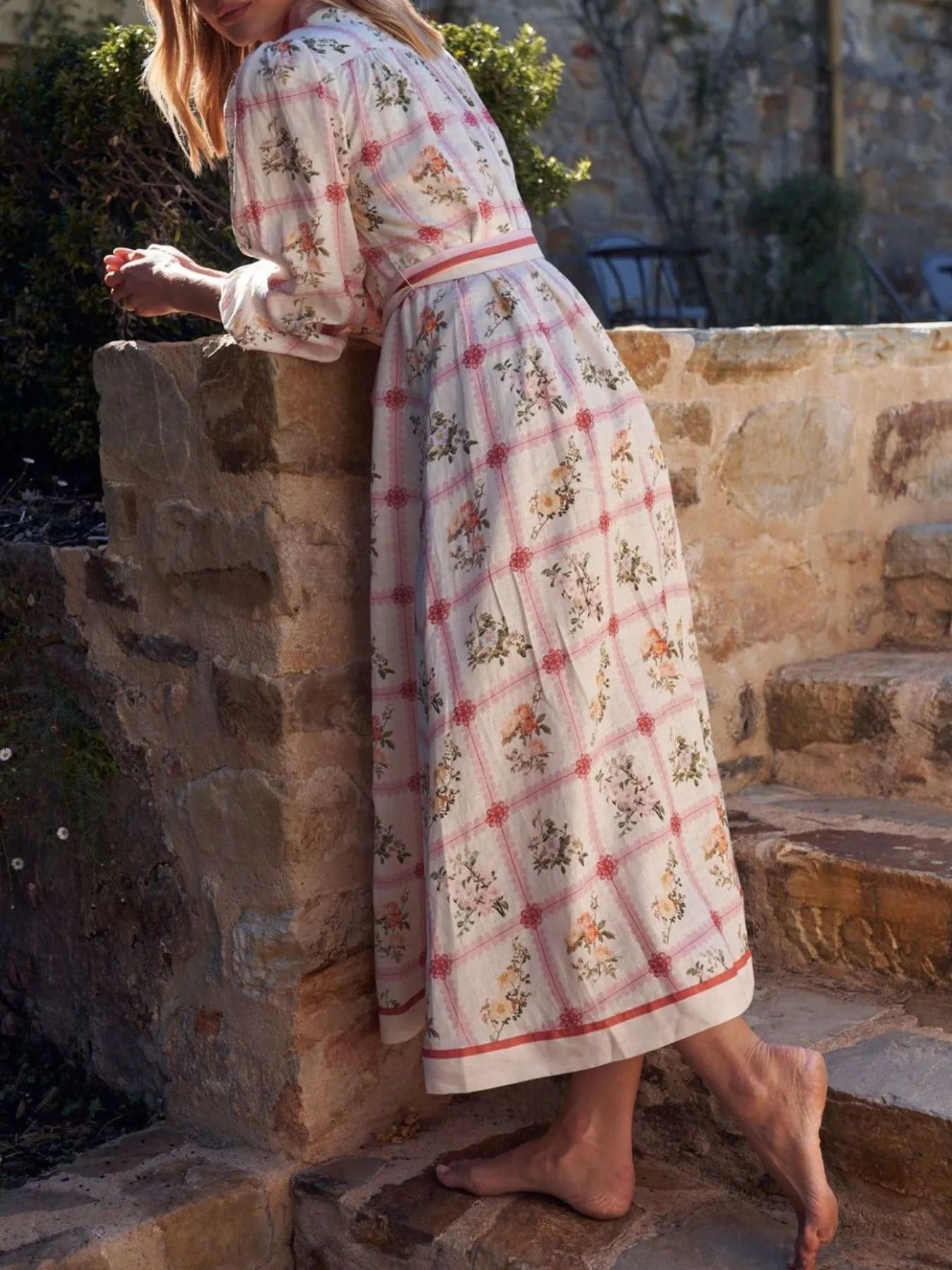 Printed Tie Waist Midi Shirt Dress