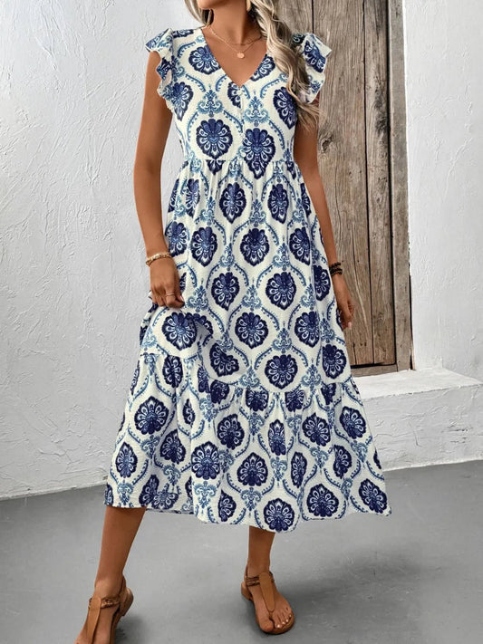 Printed V - Neck Cap Sleeve Dress