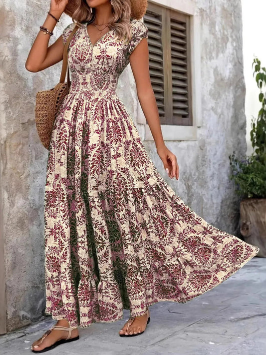 Printed V - Neck Cap Sleeve Maxi Dress