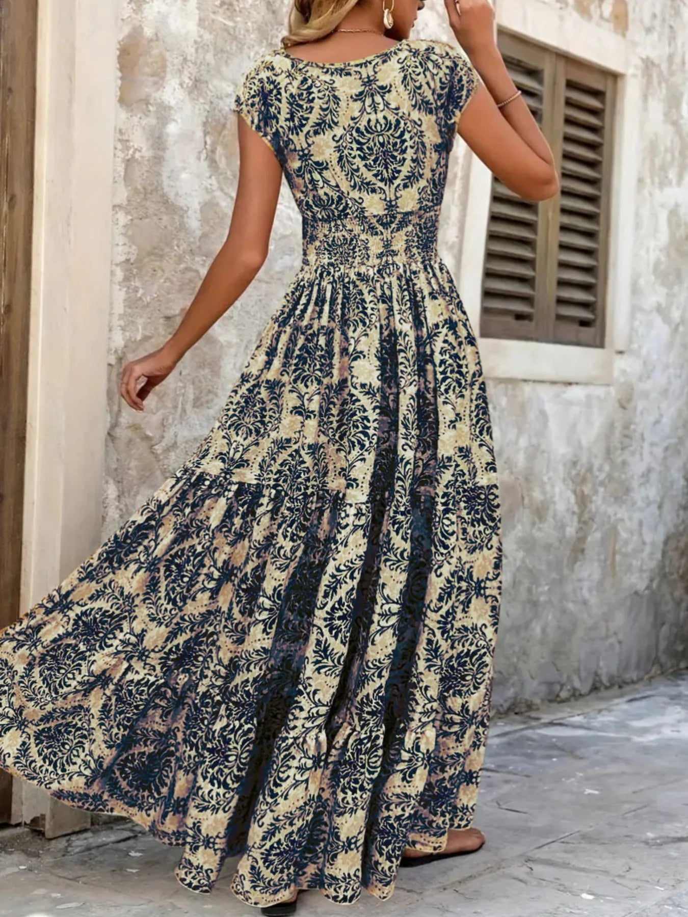 Printed V - Neck Cap Sleeve Maxi Dress