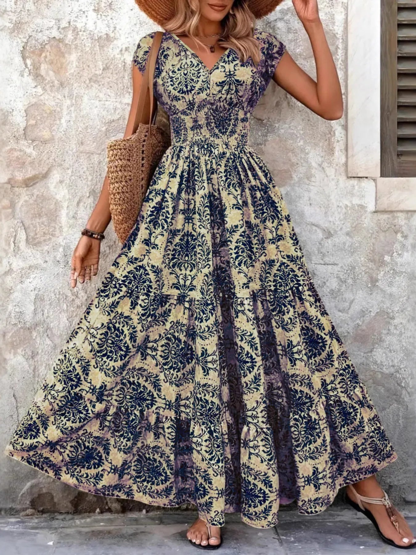 Printed V - Neck Cap Sleeve Maxi Dress