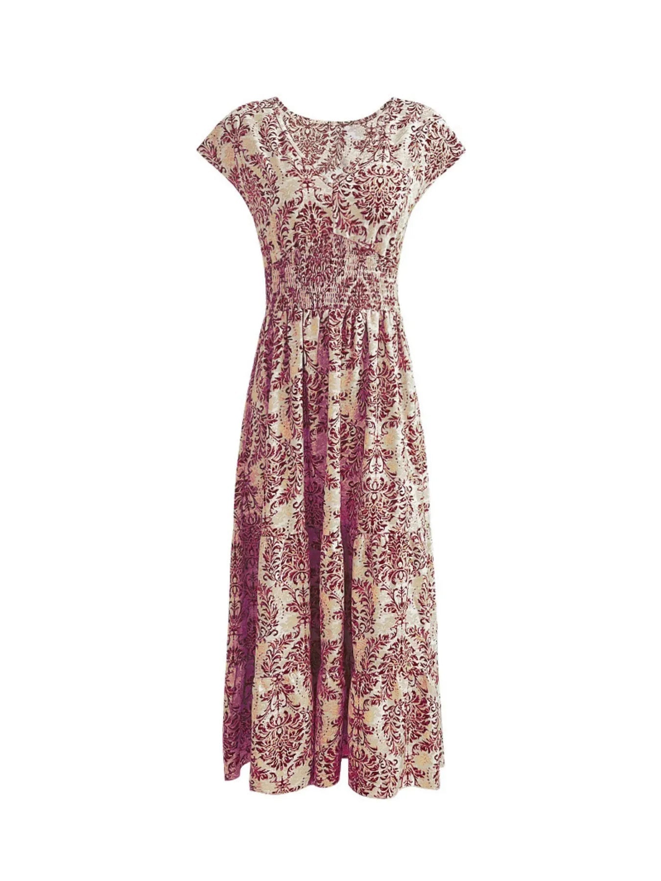 Printed V - Neck Cap Sleeve Maxi Dress