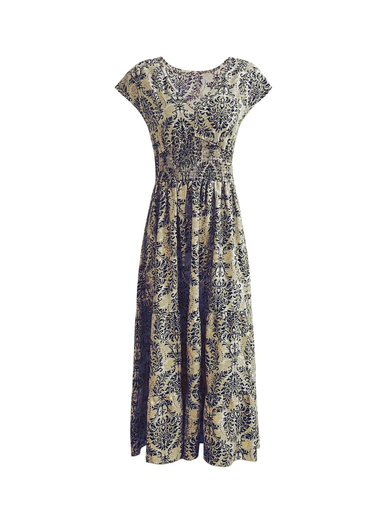Printed V - Neck Cap Sleeve Maxi Dress