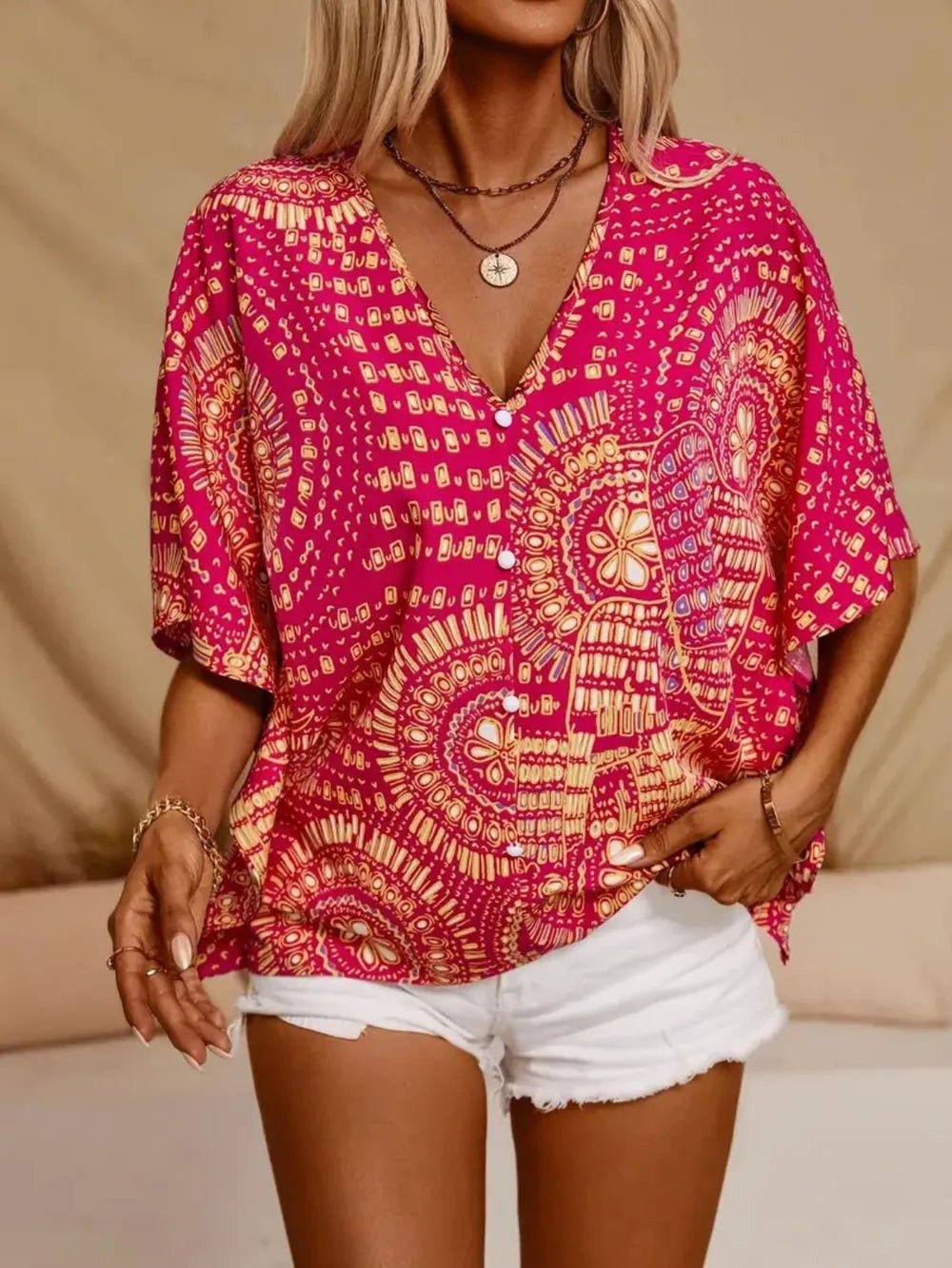 Printed V - Neck Half Sleeve Top